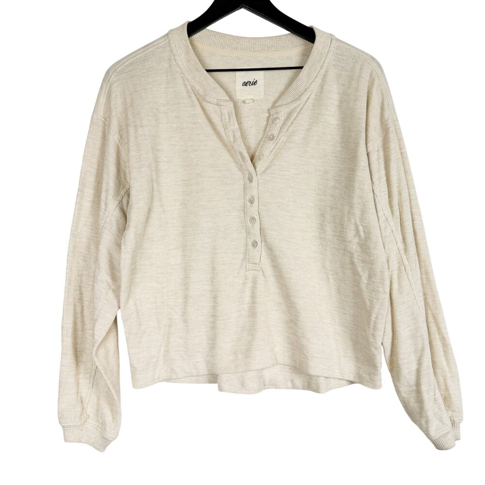 Aerie Henley Oversized Long Sleeve Shirt Cream - XS